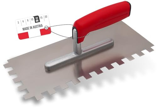 WERKFIT Profi Zahnkelle aus Edelstahl 12 mm - Glättekelle gezahnt Rostfrei - Zahnspachtel mit Softgriff - Traufel Hergestellt in Österreich 280x130mm (12x12mm)