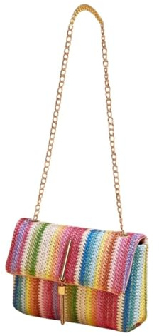 Disparatte Umhängetasche für Damen, aus Bast, geflochten, mehrfarbig, gestreift, elegant, lässig, mit goldener Kette und schicker Quaste, Schultertasche, Party, Reisen, Geschenk