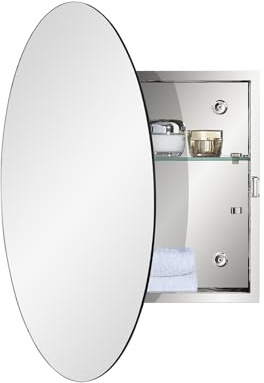 Fundin Spiegelschrank mit Edelstahlrahmen, runder Spiegeltür, verstellbaren Glasregalen, Aufputzmontage, 50 cm x 50 cm, spiegelndes Finish