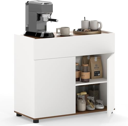 FANTASK Küchenschrank mit Arbeitsplatte, Buffetschrank mit Schublade & 2 Türen, Aufbewahrungsschrank Landhausstil, Sideboard Grifflosem Design für Küche, Esszimmer & Wohnzimmer (Weiß)