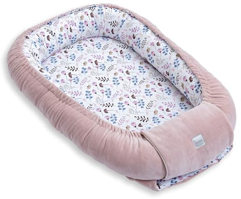 LOOLAY Babynest, Nestchen für Neugeborene – Baby Nestchen 91 × 63 cm, Tragbares Nest aus Samtvelours & Baumwolle (ROSA Velour/Blumen ROSA)