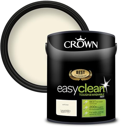 Crown EASYCLEAN Light Cream Matt Emulsion Wall Paint - Washable 5L | Stain resistant Soft Linen 200x tougher. Wipeable on walls, ceilings, wood & metal. Ideal for hallways & kids' rooms. Low VOC