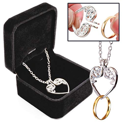 Womens Heart Pendant Ring Keeper – Ladies Ring Holder Necklace with 46cm Chain & Black Velvet Gift Box, Decorative Bereavement Widow Keepsafe Jewellery – Holds up to 5 Rings