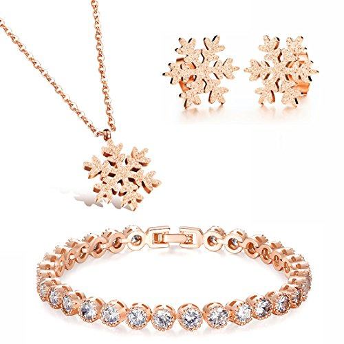 KIM JOHANSON® Damen Schmuckset *Schneeflocke* Halskette mit Anhänger & Ohrringe aus Edelstahl in Roségold | Set für Frauen | Glänzend | Kristall Armband | Winterschmuck | Weihnachten | Schmuckbeutel