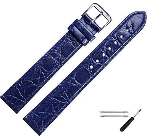 MARBURGER Uhrenarmband 14mm Leder Blau Silber XL Kroko Prägung Mit Naht - Montage Set 6811450000120