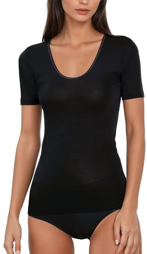 EGI T-shirt à manches courtes en laine mérinos pour femme (XS à XXL). Fabriqué en Italie. - Noir - Taille XL
