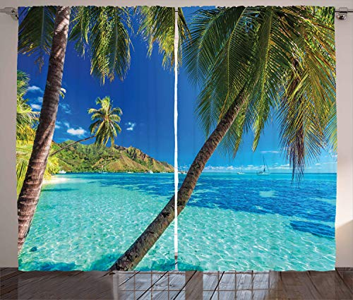 ABAKUHAUS Tropisch Rustikaler Vorhang, Palmen, Meer, Strand, Wohnzimmer Universalband Gardinen mit Schlaufen und Haken, 280 x 175 cm, Türkis Blau
