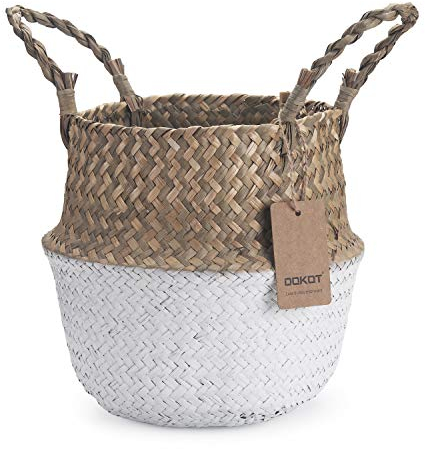 DOKOT Cesto Vimini Naturale Seagrass con Manico Ceste per Piante Cestini Portaoggetti Cesti Portabiancheria per Bagno (Bianco)