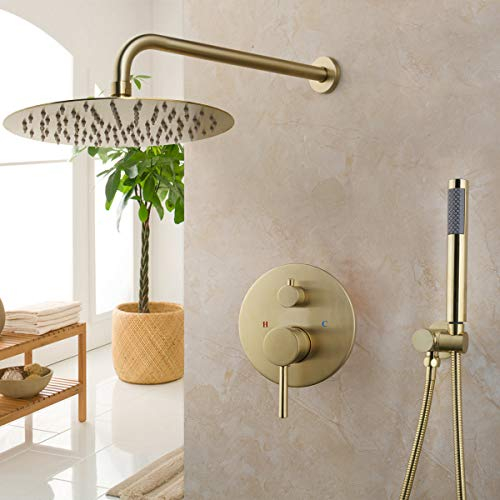 Wanym Duscharmatur Unterputz Gold Gebürstet, Regendusche Set Duschsystem, Mit Handbrause, 10Runder Regenduschkopf Bad Wasserhahn Mit Unterputz Box Dusch Armaturen Set Regen Dusche