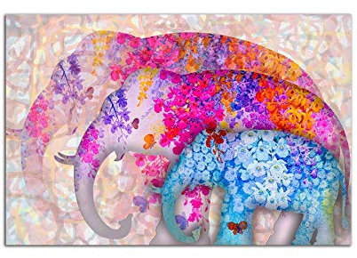Startonight Impression Sur Verre Acrylique Tableau - Famille d'éléphants Floraux - Moderne Animaux Image pour la Décoration de la Maison 60 x 90 cm