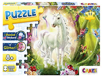 CRAZE Puzzle Magic Forest 200+ Teile mit Glitzerdruck und Diamanten-Aufkleber Einhorn-Puzzle für Kinder ab 8 Jahren, 30257