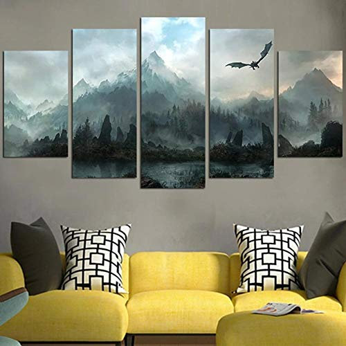 104Tdfc Leinwandbild 5 Teile Bilder Drache im Skyrim 5 teilige Wandbilder Wandbilder Kunstdruck 150X80cm Mit Rahmen Vlies Leinwanddrucke Leinwandbilder Cadeau d'Halloween