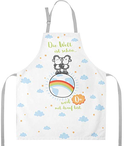 Sheepworld Schürze mit Spruch Die Welt ist schön | Kochschürze aus Baumwolle, 87 cm x 70 cm, Mehrfarbig | Geschenk Küche, Kochen, Freunde, Geburtstag | 47098