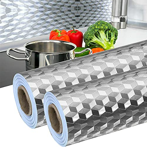 2 Unidades de Papel de Aluminio para Cocina, 40 cm x 5 m, Autoadhesivo, Resistente al Agua, Adhesivo para Cocina, encimera, Armario de Cocina (Textura de rombo)