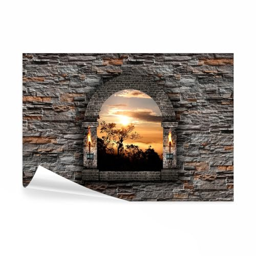 decomonkey Fototapete selbstklebend Fensterblick Landschaft, 441x315 cm | Steinwand, Stein, Selbstklebende, Tapeten, Wand, Fototapeten, Tapete, Wandtapete, klebend, Klebefolie