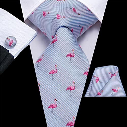 BAJIE Herren Krawatte Flamingo Bedruckt Seide Herren Krawatte Einstecktuch Manschettenknöpfe Set Cartoon Blume Große Herren Krawatte Geschenk Herren Jacquard Gravata