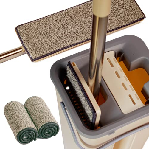 Mopa para Limpiar Suelo con Cubo Auto Escurridor 2 Almohadillas Microfibra Multi Funcion Escurre Empapa Atrapa Polvo Mop Fregona Absorbente Cualquier Superficie Suelos, Beige