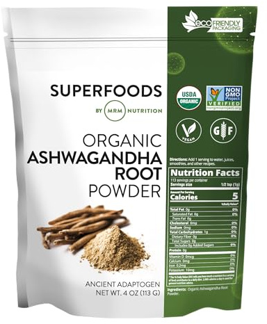 MRM Organic Ashwagandha Root Powder - For Women & Men - USDA Organic Ashwagandha Powder Superfood, with Antioxidants and Adaptogenic Herbal Nutrition, Vegan & Gluten-Free - 113 Servings