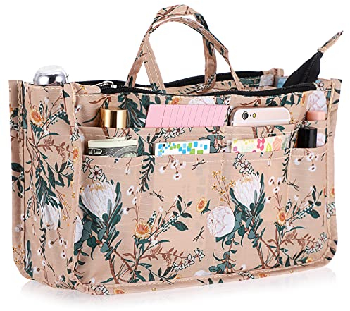 IGNPION Bedruckte Einlage Handtasche Geldbörse Organizer 13 Taschen Erweiterbare Liner Bag Pouch Reißverschluss Taschenorganizer Wickeltasche Einsatz mit Griff (Orange-rosa Blume)