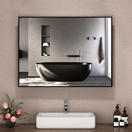 Boromal Badspiegel Schwarz 80x60cm Spiegel Schwarz Metallrahmen Badezimmerspiegel Schwarz Vertikal/Horizontal Dekorative Wandspiegel für Badezimmer, Waschräume, Schlafzimmer, Ohne LED Beleuchtung