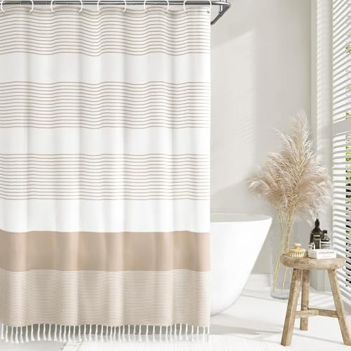 Awellife Rideau de Douche bohème Beige à Rayures en Coton à Pompons pour Salle de Bain, 183 x 183 cm, Texture Naturelle