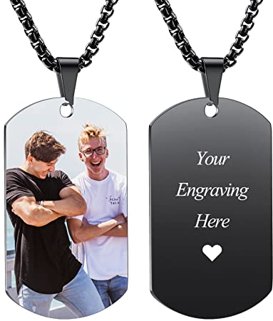 INBLUE Personalisierte Dog Tag Anhänger Halskette Gravur Text/Bilder/Erinnerung Foto Edelstahl Halskette für Männer Frauen Bündel mit Verstellbarer Kette, Schlüsselanhänger, Schalldämpfer(Schwarze)