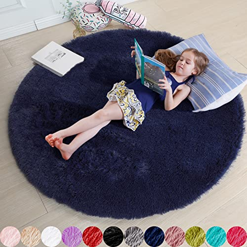 Amdrebio Dunkelmarineblauer Flauschiger Kreisteppich für Schlafzimmer, Kinderzimmer und Jugendzimmer - Zotteliger Runder Teppich