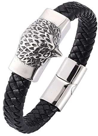 BCughia Armbänder, Armband Schwarz Edelstahl Korbgeflecht Raptor Eagle Head Geflochten Versprechen Schmuck Geschenk für Männer 18.5cm