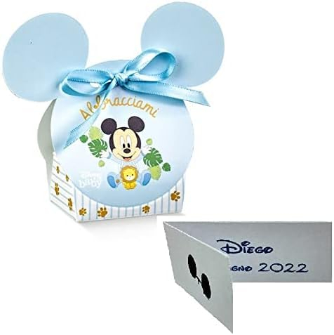 Scatolette portaconfetti Forma di sagoma di Topolino, firmate,Complete di nastrino e bigliettino Personalizzato con Stampa in Omaggio Nascita, Battesimo, Compleanno 68234 (Pezzi 20)