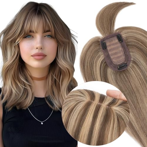 Elailite Hair Topper Echthaar, Clip in Toupet Damen mit Pony, Clip in Haarteil, Haartopper Basis 7x13cm, 45cm 53g #4P27 Mittelbraun/Honigblond
