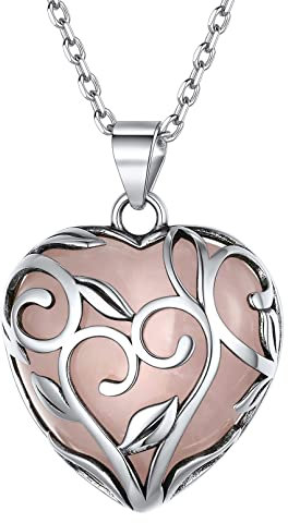 ChicSilver Natural Rose Quartz Heart Necklace 925 Sterling Silver October Birthstone Gemstone Pendant Necklaces for Women