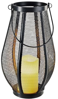 Laterne mit LED-Echtwachskerze Nero - Deko Laterne aus Metall Höhe 32,5 cm, Kerzenständer mit Netzgitter Bügel zum Aufhängen, LED Kerze mit 6 Stunden-Timer