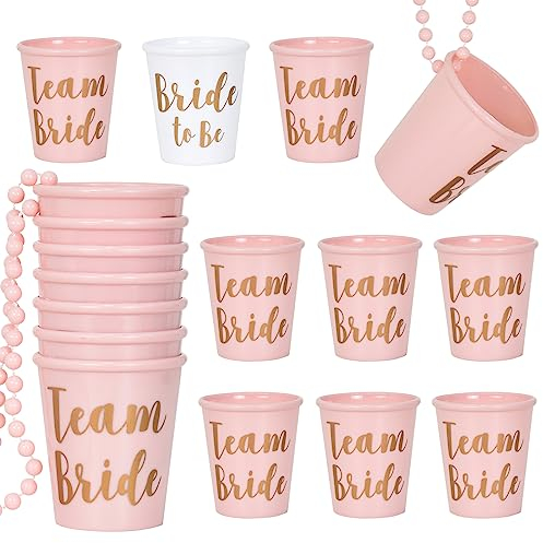 14 Pcs Team Bride Plastic Beaded Bridal Shot Glass Necklace - Pink and White, Bachelor and Groom Shot Glasses for Wedding and Hen Party