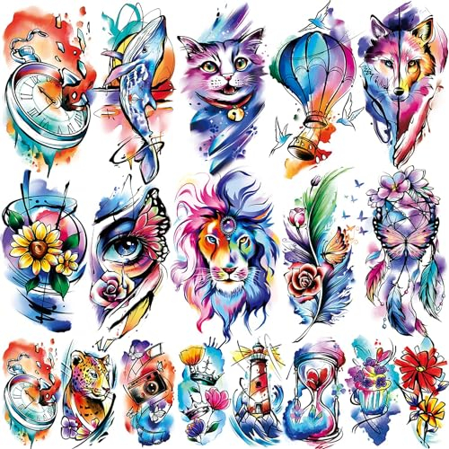 Acevegue 79 Blätter Aquarell Temporäre Tattoos, 15 Blätter Große Realistische Löwen Wolf Fake Tattoos, 64 Blätter Kleine 3D Blumen Schmetterling Klebe Tattoo in Bunt für Erwachsene Weihnachten