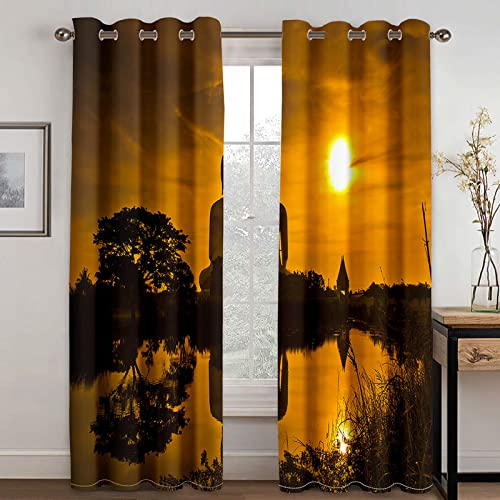 Verdunklungsvorhänge Kinderzimmer 3D Dschungel Buddha Sonnenaufgang Vorhang Kinderzimmer Blickdicht Gardinen Mädchen 140x160 Cm Vorhänge Für Schlafzimmer Wohnzimmer, Verdunkelung Vorhänge Mit Ösen