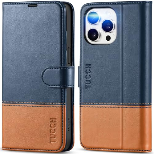 TUCCH Case for iPhone 15 Pro Max (6.7) 2023, PU Leather Wallet Magnetic Protective Foldable Cover with[RFID Blocking]Card Holder[Shockproof TPU][Kickstand]Compatible with iPhone15 Pro Max, Blue&Brown
