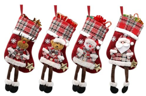 mizikuu 4 Stück Weihnachtsstrumpf,Nikolausstiefel zum Befüllen Socken Nikolaussocke zum Aufhängen Cartoon Nikolausstrumpf Weihnachtsdeko für Weihnachtsbaum,Wand,Treppe Dekoration