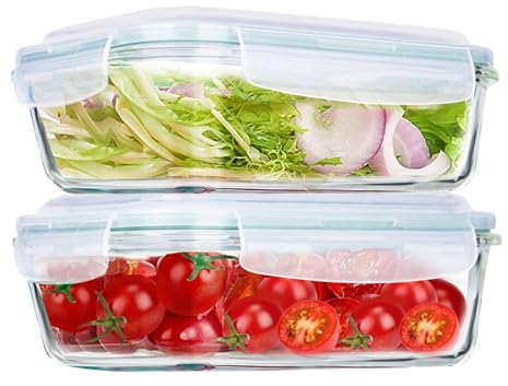 Luvan Contenedor de vidrio de 1040 ml con tapa, paquete de 2, recipientes de vidrio para almacenamiento de alimentos, loncheras de vidrio con tapas a prueba de fugas, reutilizables, aptos para
