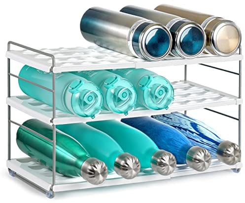 JUPELI Water Bottle Organiser for Cupboard, Expandable Water Bottle Holder for Kitchen, Adjustable Height Water Bottle Storage Rack, 3 Tier Bottle Rack for Sports Flask Insulated Mug Tumbler Fridge