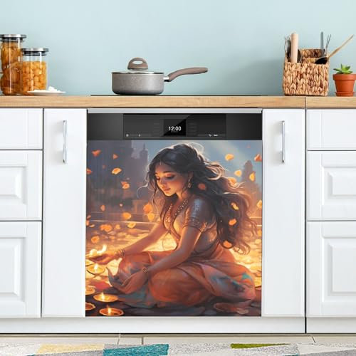 Diwali Yelllow Dishwasher Covers with Magnetic Clean Dirty Covers for Dishwashers Cabinet Kitchen Appliance Decorative 23 x 26 Inch