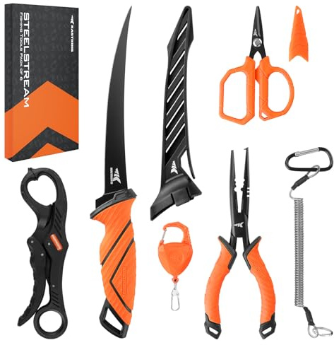 KastKing SteelStream 6pc Fishing Tool Kit - Corrosion Resistant Fishing Pliers with Lanyard, Fillet Knife, Floating Fish Lip Gripper, Fishing Braid Scissors, Tool Retractor, Fishing Gifts for Men