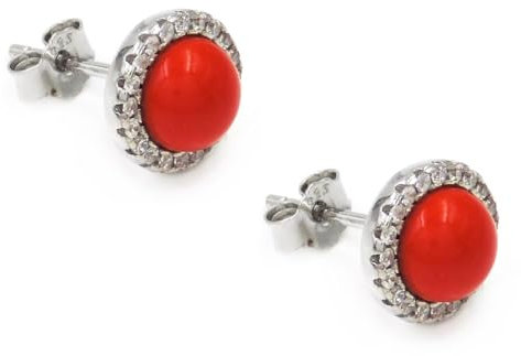 Orecchini in Argento Sterling 925 con Pasta di Corallo Rosso e Zirconi Bianchi Rosso