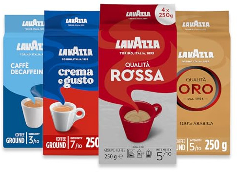 Lavazza, Ground Coffee Variety Pack, 4 x 250g | Includes Qualità Rossa, Crema e Gusto Classico, Qualità Oro, Caffè Decaffeinato, Ground Coffee, 4 packs of 250g