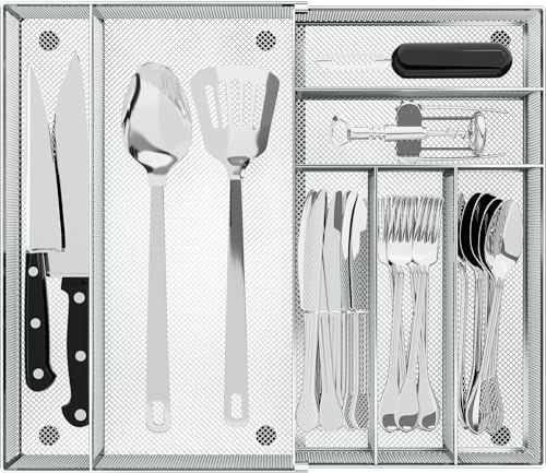 Expandable Cutlery Drawer Organiser - Utensil Trays for Kitchen Drawers, Adjustable Silverware and Flatware Holder, Large Steel Mesh Storage Organiser for Spoons Forks Knives, Silver