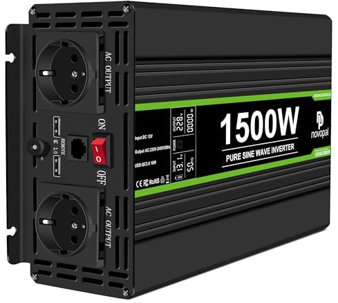 NOVOPAL 1500W Wechselrichter 12V auf 230V Reiner Sinus Spannungswandler mit LCD Display Fehlercodes und 2 EU Steckdose + QC3.0 18W USB-Anschlüsse und 5M Fernbedienung