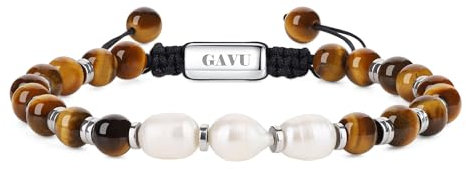 GAVU Bracelet Œil de Tigre Marron pour Hommes, Bracelet Perle Naturelle Homme, Bracelet Cordon Nylon Réglable
