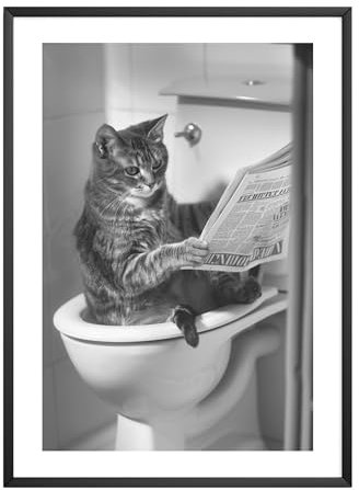 MJ-GRAPHICS® | Badezimmer Deko Bilder - Katzen-Badezimmer Deko Bild Schwarz-Weiß | Witzige Wanddekoration für Toilette - lustige Wanddeko - WC Toilette Deko| Din A4 Qualitätsdruck - ohne Rahmen