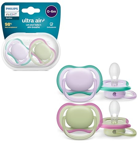 Philips AVENT ultra air Schnuller – Leichte, atmungsaktive Schnuller für Babys im Alter von 0–6 Monaten, BPA-frei mit Transportbehälter als Sterilisator, 2er-Pack, Modell SCF085/24
