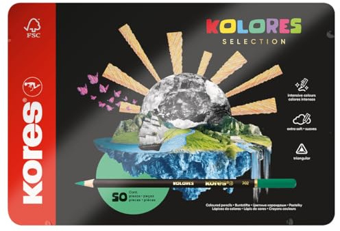 Kores - Kolores Selection - 50 Buntstifte für Erwachsene & Künstler, FSC Holz mit weicher Mine, Dreiecksform, Premium Kunst- und Hobbybedarf in edler Metallbox, 50 Stück sortiert