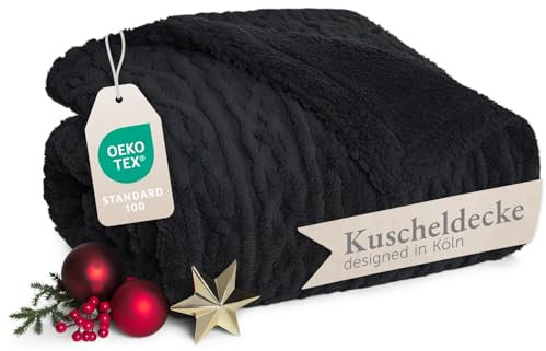Blumtal manta sofa 130x150cm con diseño de punto trenzado - mantas para cama con certificado OEKO-TEX - mantas para sofa de microfibra con suave sherpa en el revés - cobijas de invierno gruesa - negro